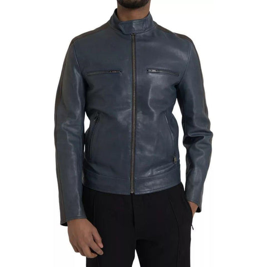 Dolce & Gabbana Blue Leather Full Zip Biker Blouson Jacket JKT4053-48