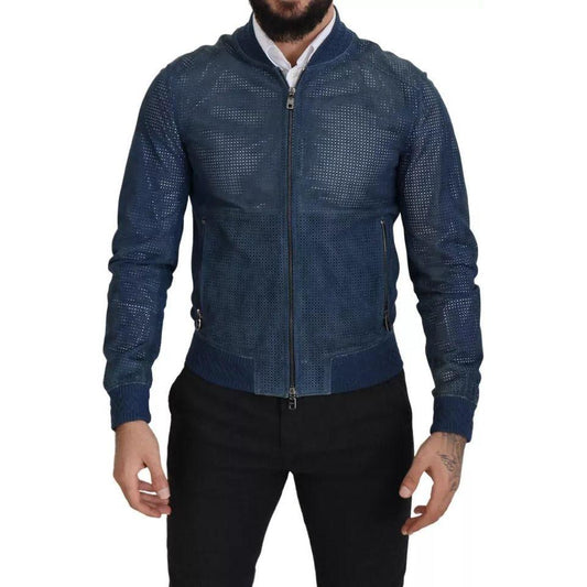 Dolce & Gabbana Blue Leather Perforated Full Zip Jacket JKT3359-46