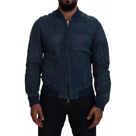 Dolce & Gabbana Blue Leather Perforated Full Zip Jacket JKT3603-50