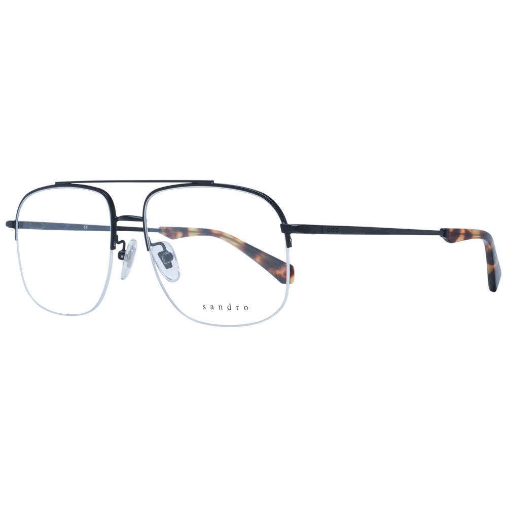 Sandro Black Men Glasses Frame, half-rim aviator style, black metal with demo lenses, featuring tortoise shell temples.