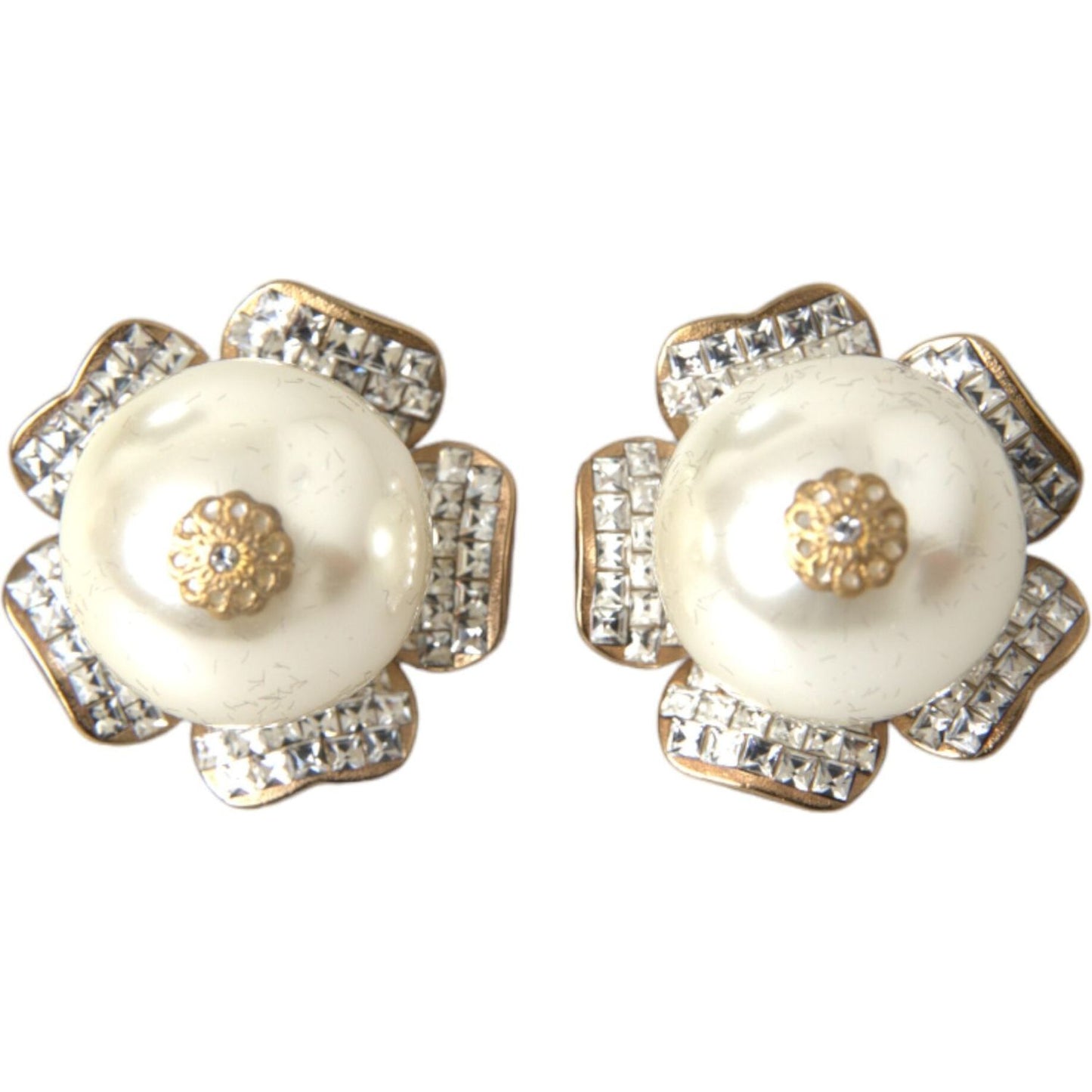 Dolce & Gabbana Gold Tone Maxi Faux Pearl Floral Clip-on Jewelry Earrings Earrings