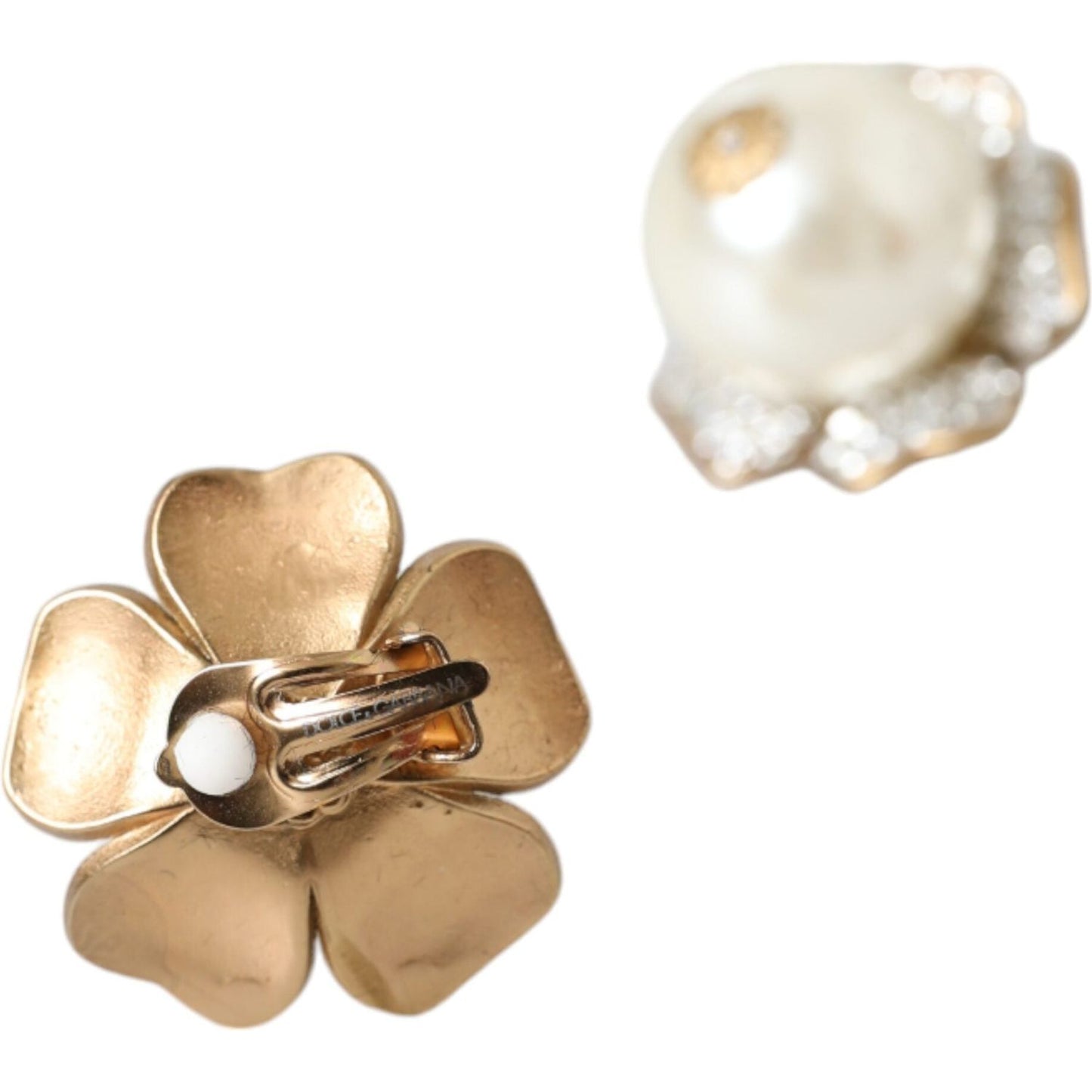 Dolce & Gabbana Gold Tone Maxi Faux Pearl Floral Clip-on Jewelry Earrings Earrings