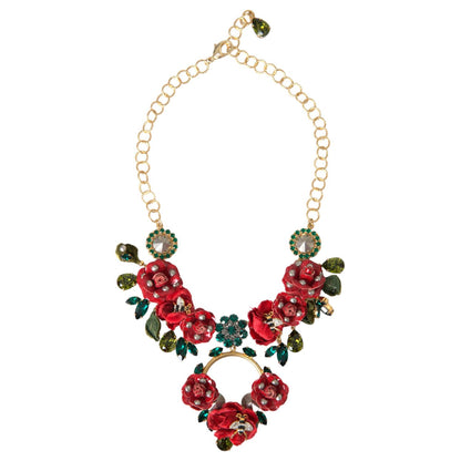 Dolce & Gabbana Gold Brass Link Chain RosePetal Crystal Pendant Necklace