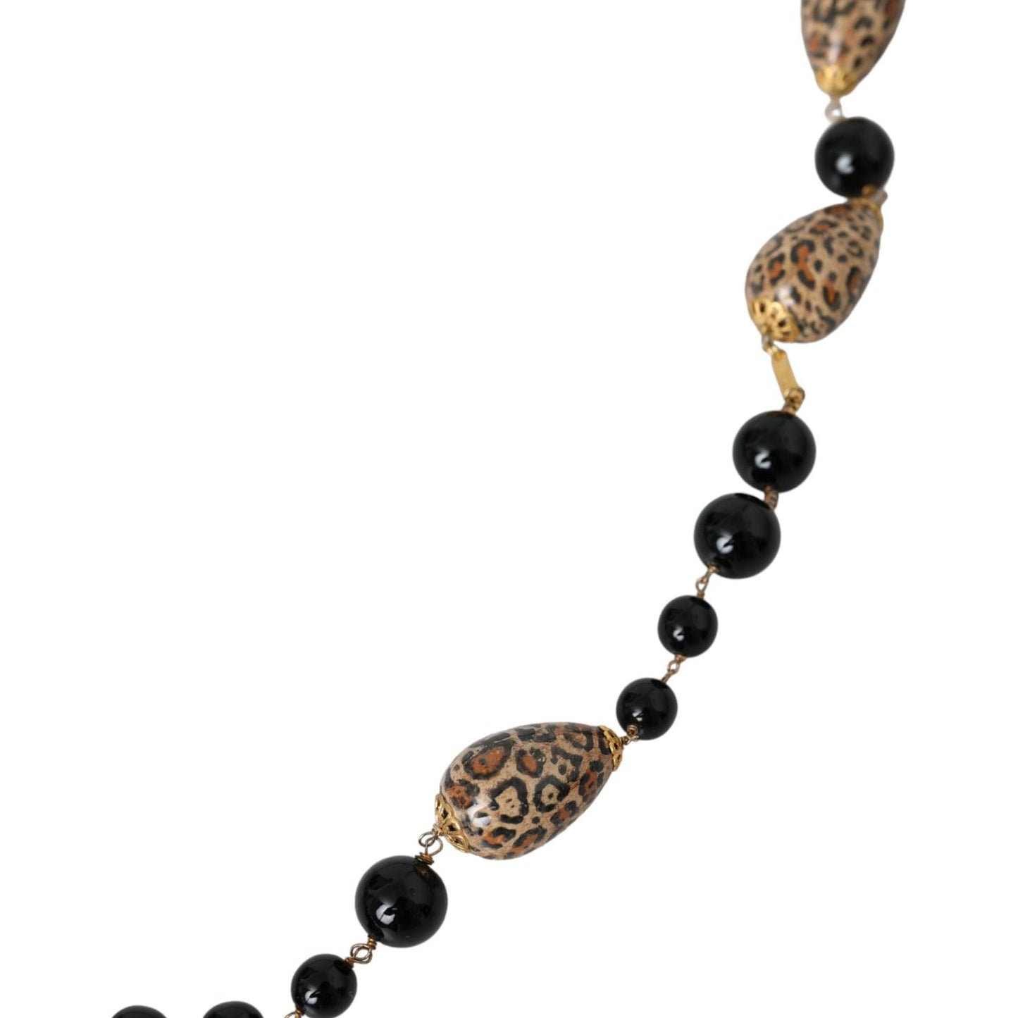 Dolce & Gabbana Gold Tone Brass Black Printed Beaded Long Chain Necklace Necklace