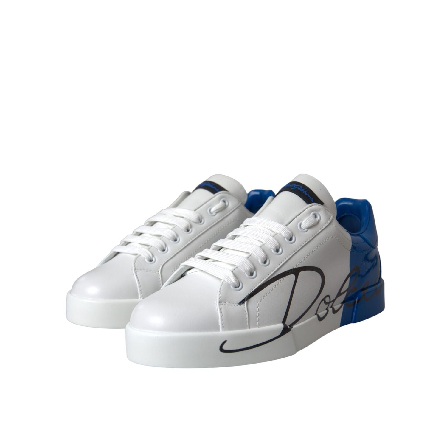 Dolce & Gabbana White Blue Leather Logo Low Top Sneakers Shoes
