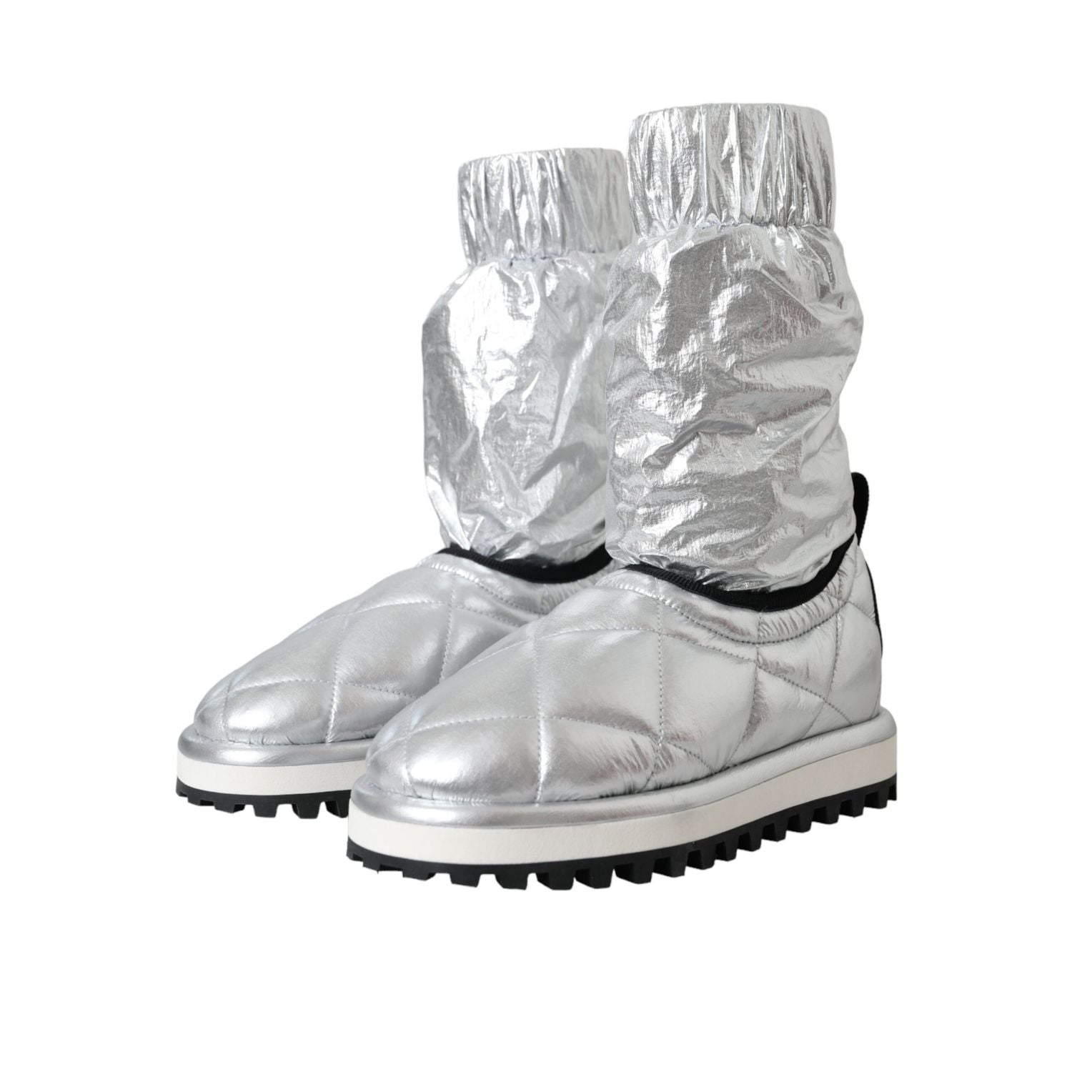 Dolce & Gabbana Metallic Silver Quilted Logo Patch Boot Shoes