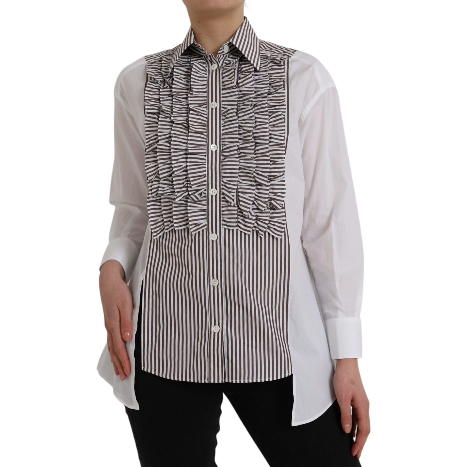 بلوزة دولتشي آند غابانا بيضاء مخططة من القطن بأكمام طويلة وياقة مكشكشة