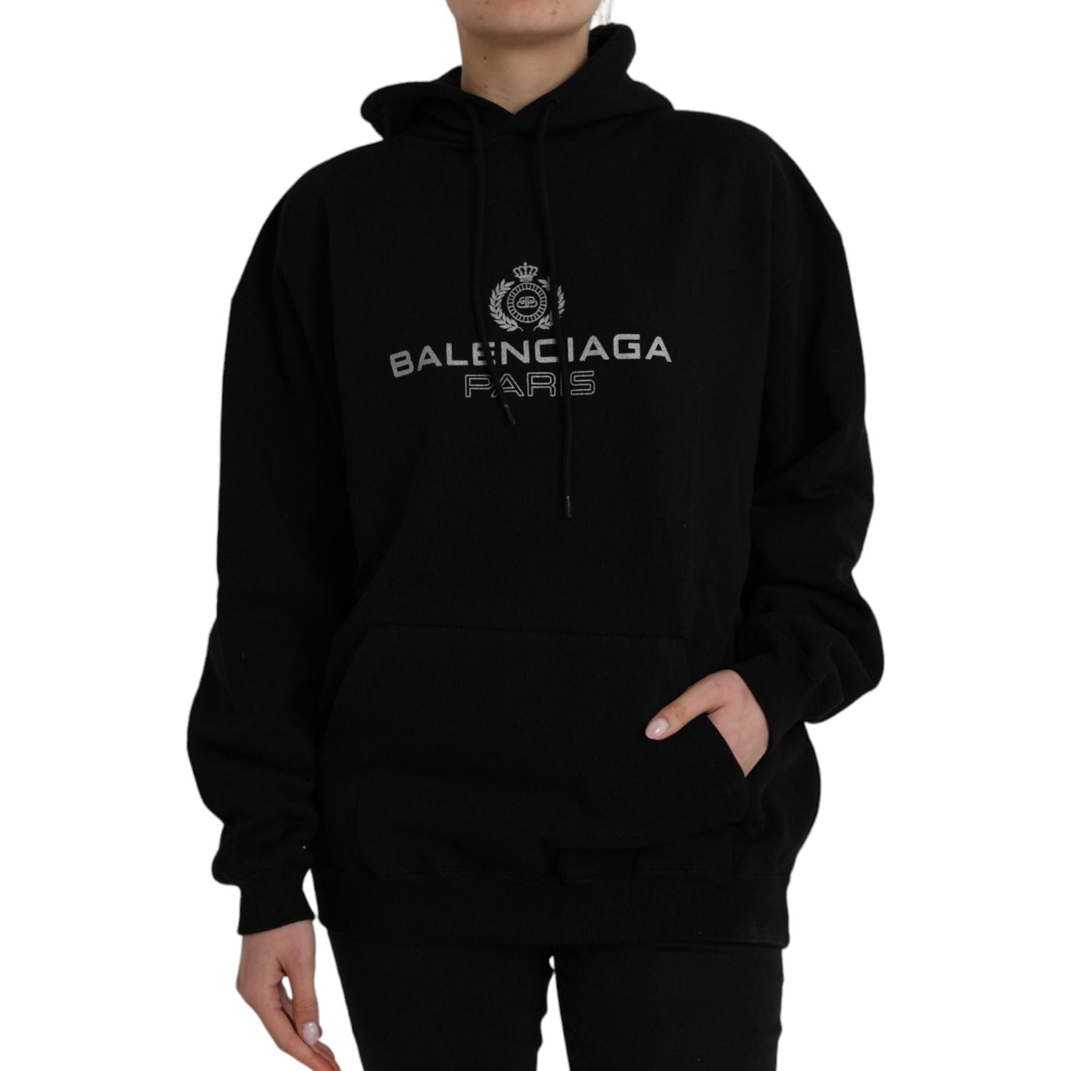 سويت شيرت بغطاء رأس وشعار من Balenciaga مصنوع من القطن باللون الأسود