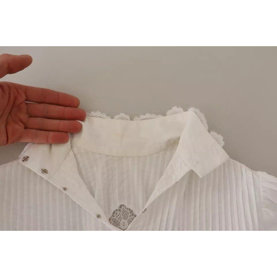 Dolce & Gabbana White Cotton Lace Trim Turtle Neck Blouse Top