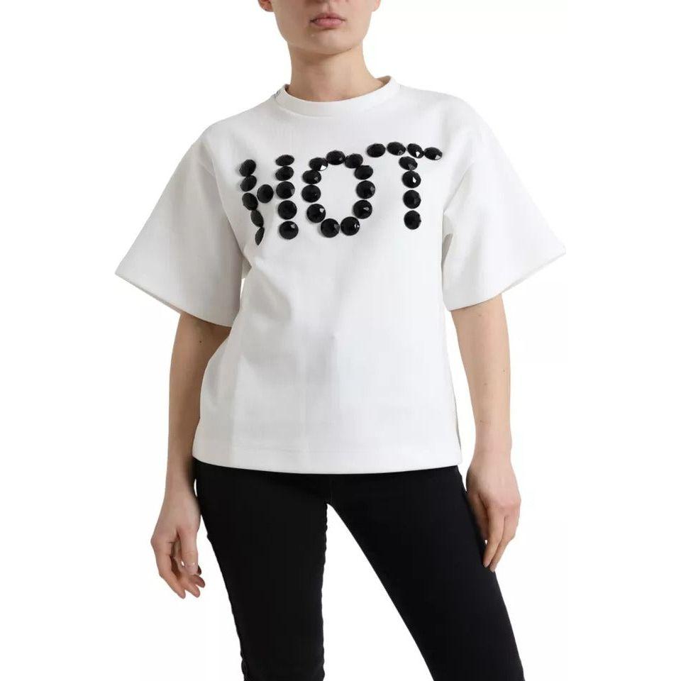 تي شيرت Dolce &amp; Gabbana أبيض من القطن المطاطي باللون الأسود HOT Crystal