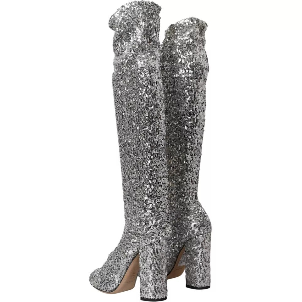 Dolce & Gabbana Silver Sequined High Boots Stretch Shoes LA10943-39