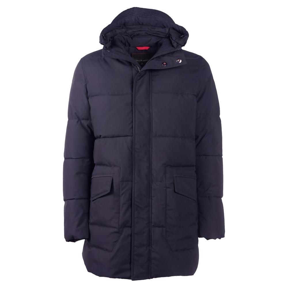 时尚蓝色男士夹克，带可拆卸兜帽