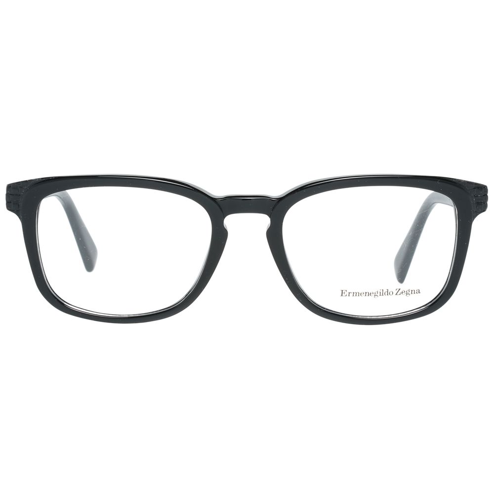 Ermenegildo Zegna Black Men Glasses Frame in black plastic, full-rim rectangle style with demo lenses, size 52-19-145.