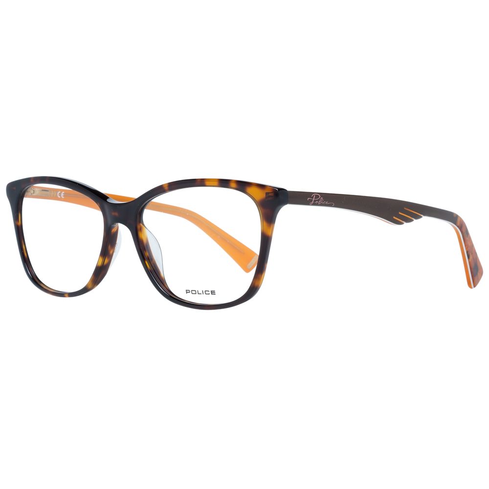 Police Brown Women Glasses Frame with full-rim plastic design, transparent lenses, and spring hinges.