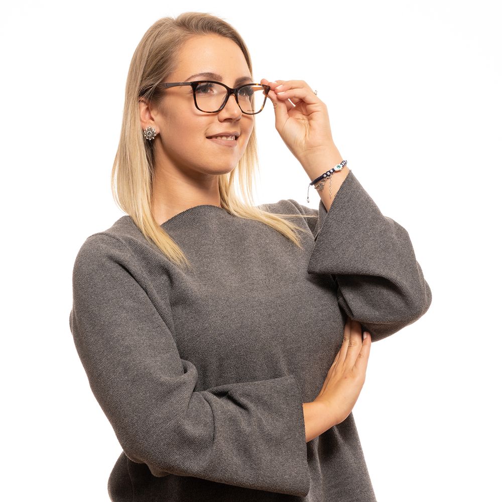 Woman wearing Police Brown Women Glasses Frame with full-rim rectangle style and plastic lenses.