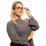 Woman wearing Police Brown Women Glasses Frame with full-rim rectangle style and plastic lenses.