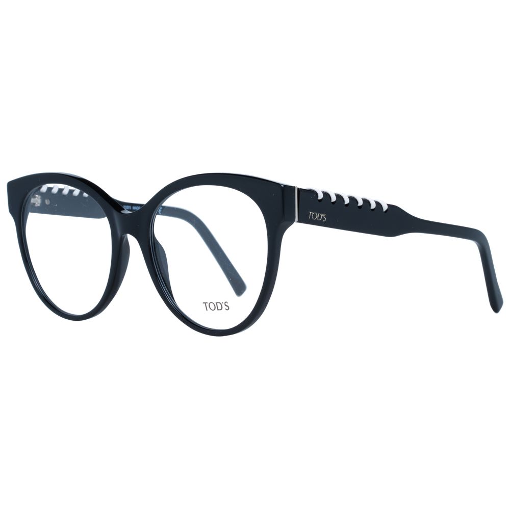 Tod's Black Women Glasses Frame, full-rim round style with black plastic frame and demo lenses, size 55-18-140, includes branded case.