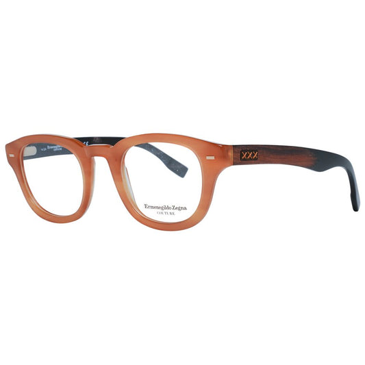 Ermenegildo Zegna Brown Men Glasses Frame, round full-rim plastic, spring hinge, size 47-23-145, includes branded case.
