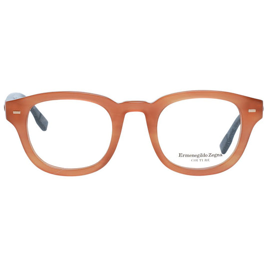Ermenegildo Zegna Brown Men Glasses Frame in round full-rim style, plastic material, brown color, size 47-23-145 with spring hinge.