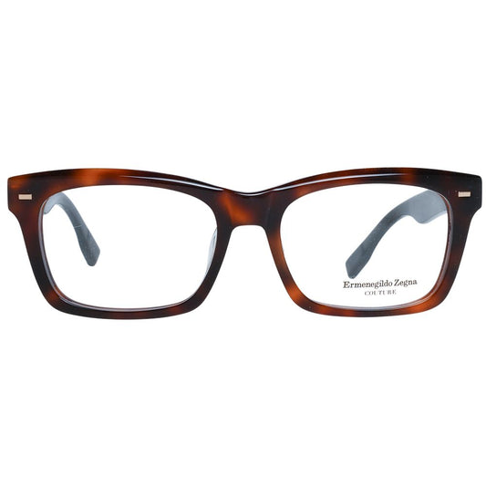 Ermenegildo Zegna Brown Men Glasses Frame with acetate, wood, and horn finish, full-rim, spring hinge, demo lenses, size 56-18-150.