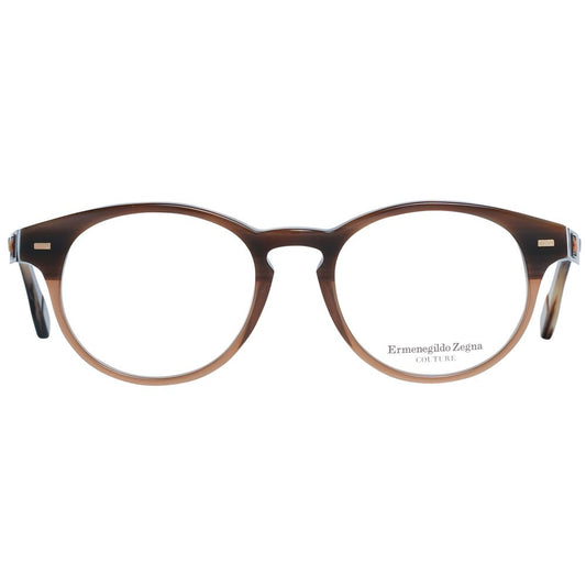 Ermenegildo Zegna Brown Men Glasses Frame, round full-rim plastic eyewear, 49-18-145 size, with demo lenses for men.