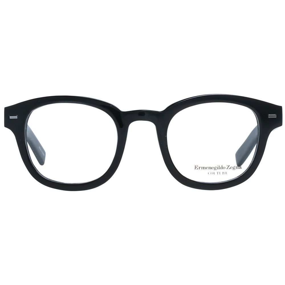 Ermenegildo Zegna Black Men Glasses Frame, full-rim round style with horn material, black color, demo lenses, size 47-23-145, includes branded case.
