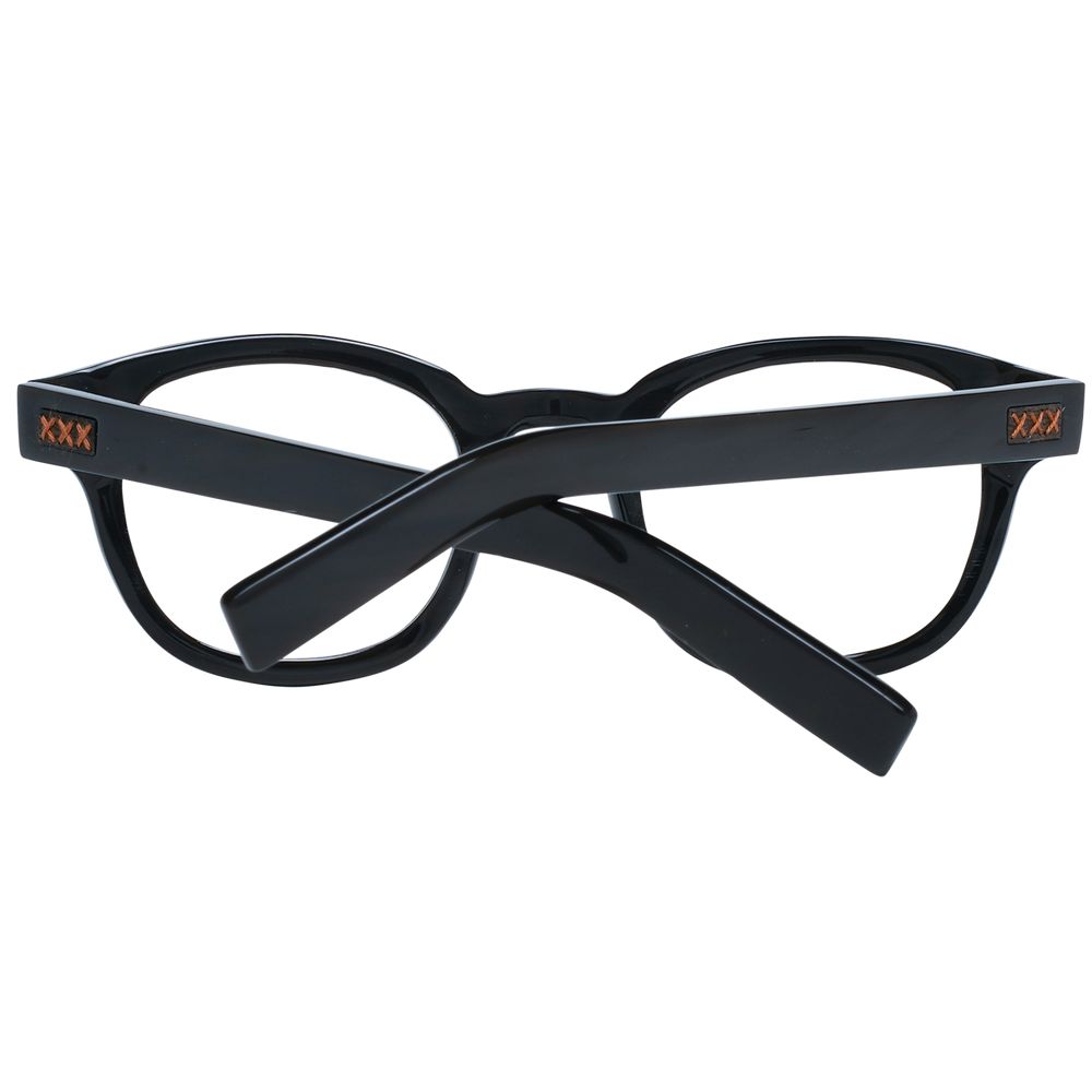 Ermenegildo Zegna Black Men Glasses Frame, stylish full-rim round frames in black horn material, 47-23-145 size with branded case included.