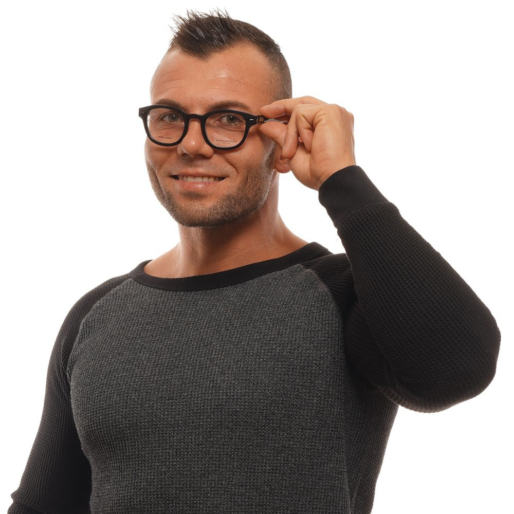 Man wearing Ermenegildo Zegna Black Men Glasses Frame with horn material and full-rim style, showing round lenses and black temples.
