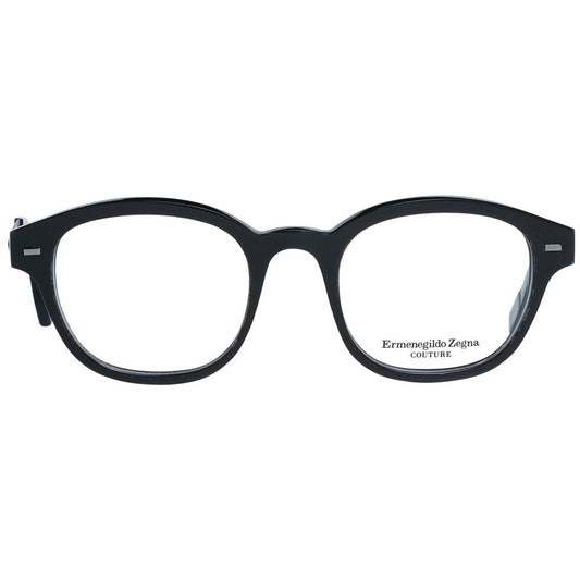 Ermenegildo Zegna Black Men Glasses Frame, round full-rim style with black horn material, demo plastic lenses, size 48-20-145.