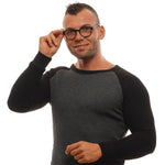 Ermenegildo Zegna Black Men Glasses Frame worn by a man in a black and gray sweater, showcasing a stylish round full-rim design.