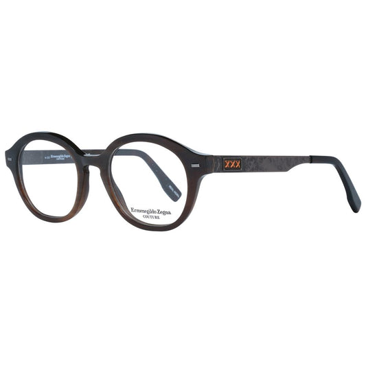 Ermenegildo Zegna Brown Men Glasses Frame with round full-rim design and demo lenses, made from horn, size 48-19-145.