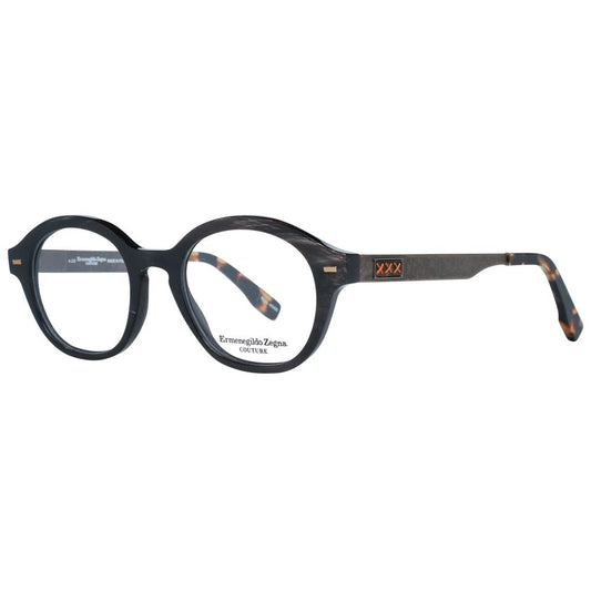 Alt Tag: Ermenegildo Zegna Brown Men Glasses Frame in horn material with round style and demo lenses, full-rim design, model size 48-19-145.