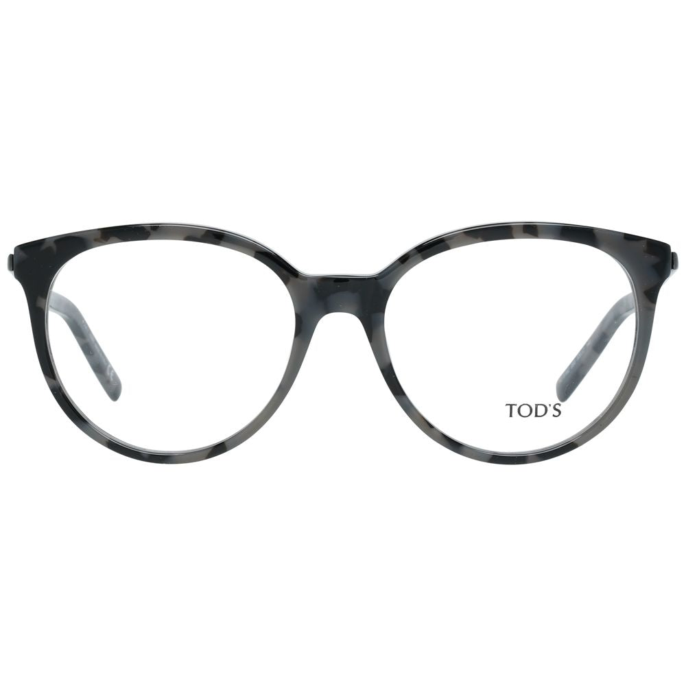 Women's Tod's Gray Plastic Glasses (Frames), full-rim round style with grey pattern, demo lenses, and branded case included.