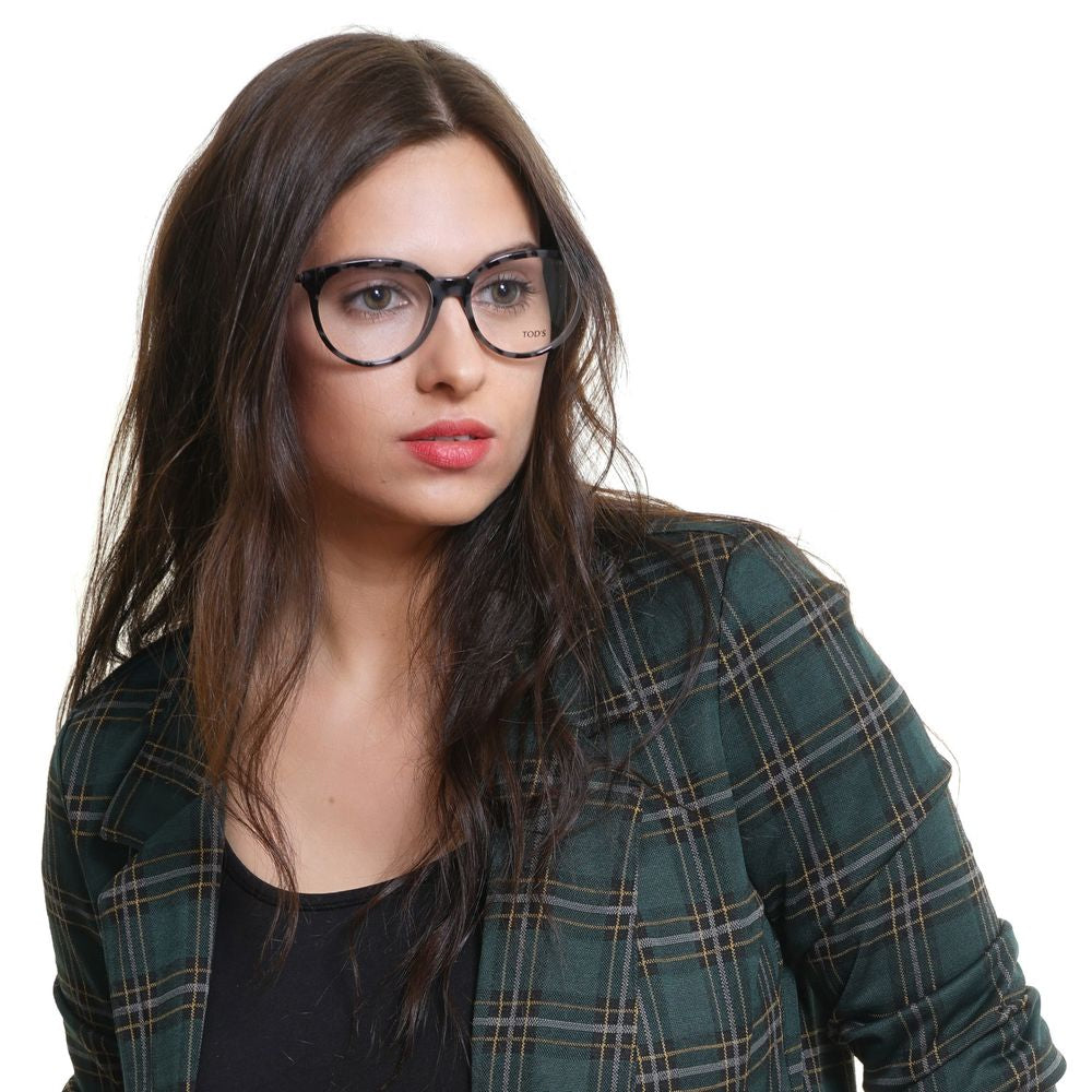 Woman wearing Tod's Gray Plastic Glasses (Frames) with full-rim style and round lenses, featuring a plaid blazer and natural hair.