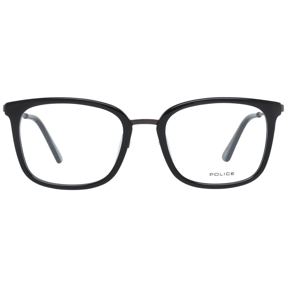 Police Black Men Glasses Frame with metal and plastic trapezium style for men, full-rim design with demo lenses, branded case included.