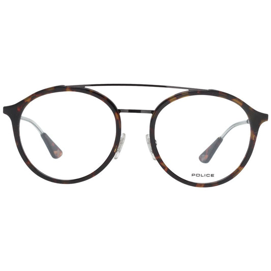 Police Brown Men Glasses Frame with full-rim, aviator style, metal and plastic material, demo lenses, suitable for men.