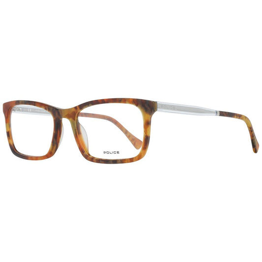 Police Brown Men Glasses Frame, full-rim plastic with 54-19-145 size, featuring a branded case and no spring hinge, ideal for men's eyewear.