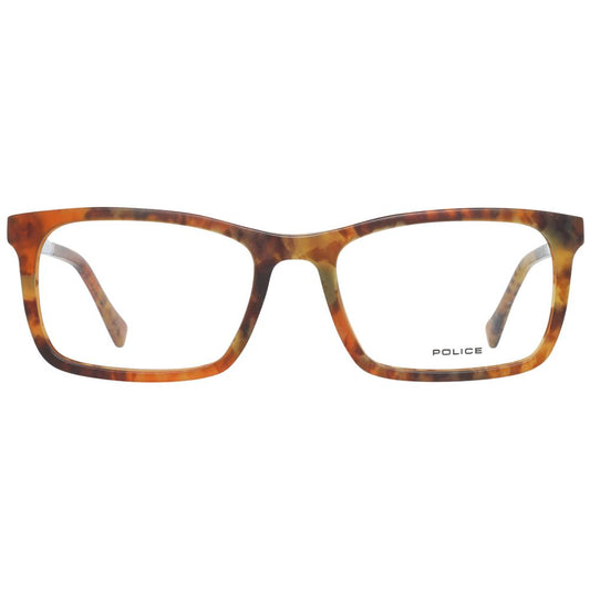 Police Brown Men Glasses Frame, full-rim plastic design, size 54-19-145, brown color, includes branded case, stylish eyewear for men.