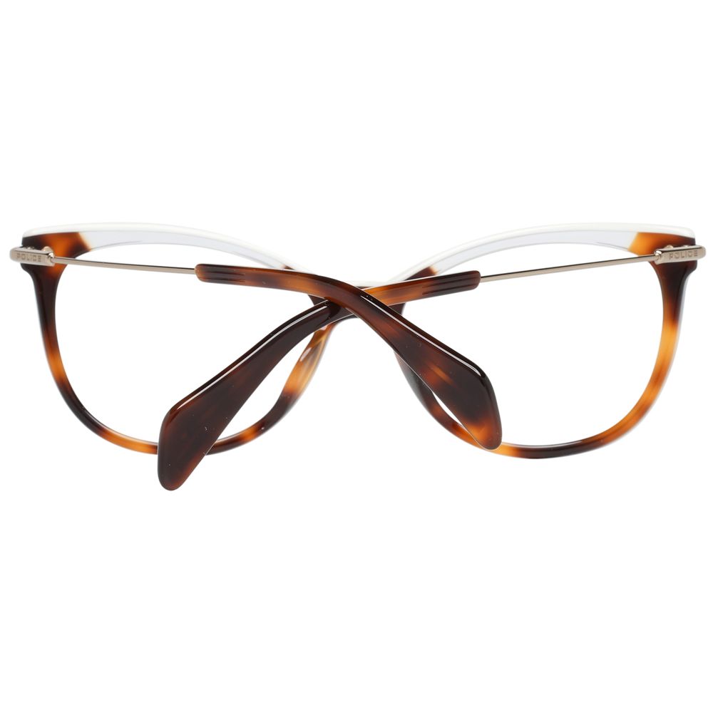 Police Brown Women Glasses Frame in full-rim style with metal and plastic build, brown color, size 53-16-140, includes branded case.