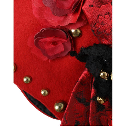 Dolce & Gabbana Red Crystal Gold Roses Brooch Embellished Hat