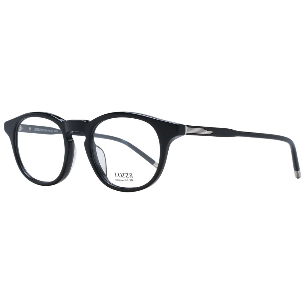 Lozza Black Men Glasses Frame with acetate full-rim, round style, 49-20-145 size, demo plastic lenses, and branded case included.