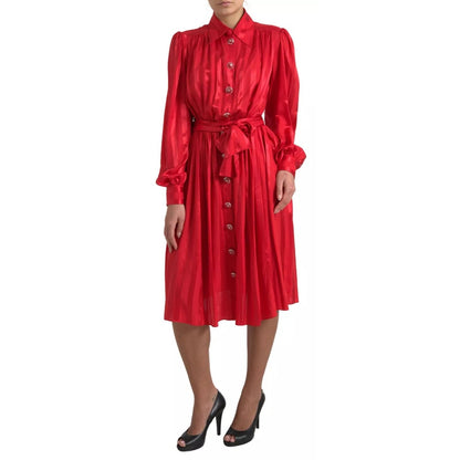 Dolce & Gabbana Red Button Down Belted Midi Satin Silk Dress