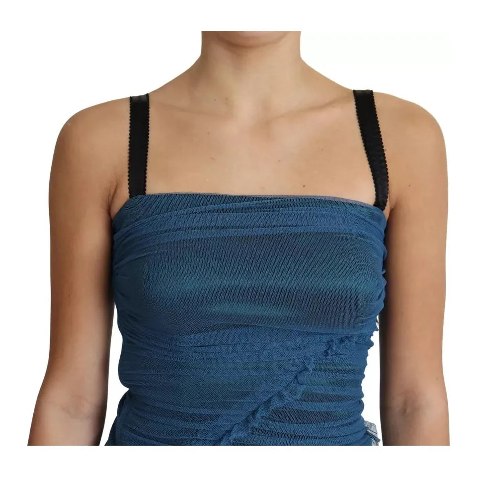 Dolce & Gabbana Blue Draped Tulle Midi Sheath Cotton Dress