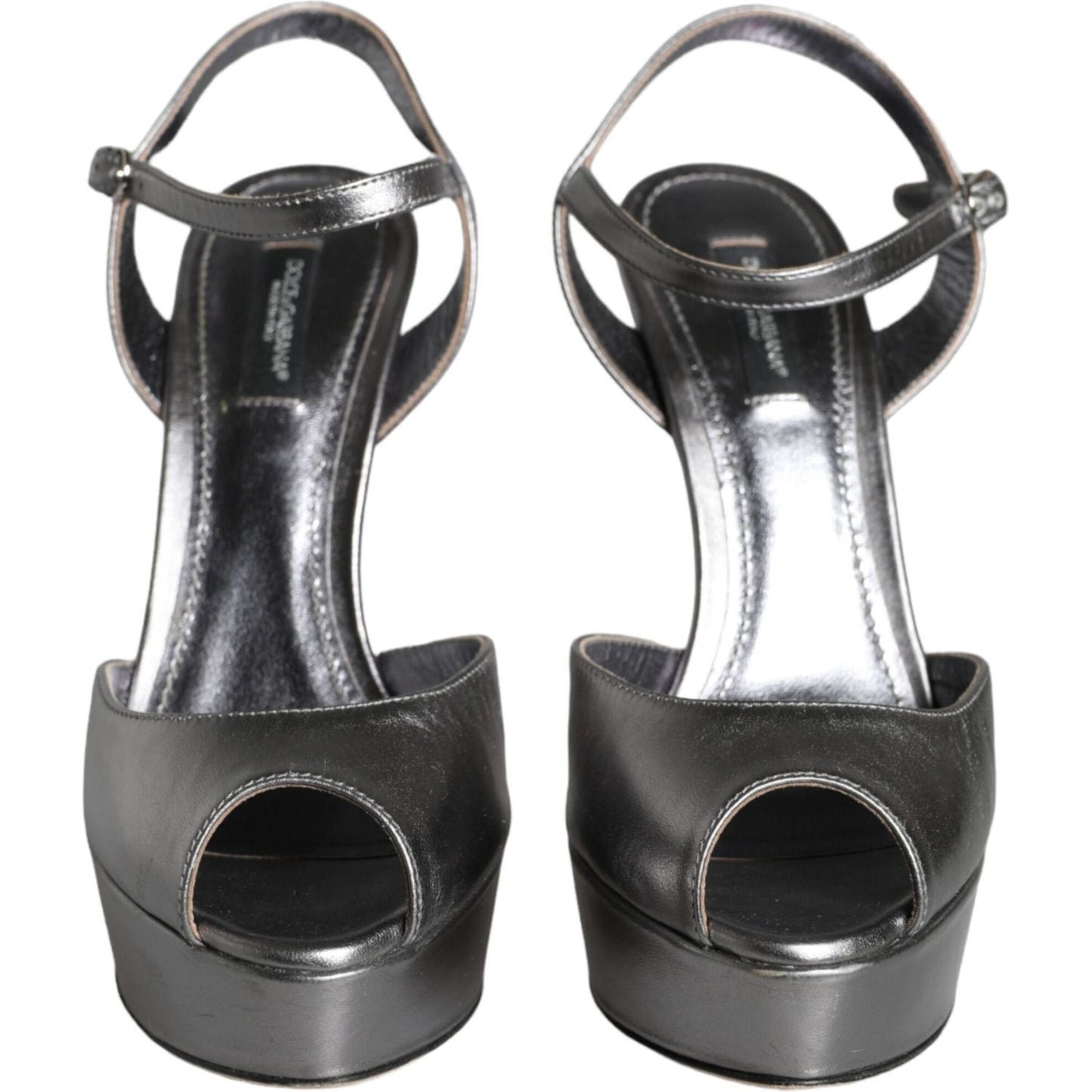 Dolce & Gabbana Metallic Silver Leather Keira Platform Sandals Shoes LA11328-38