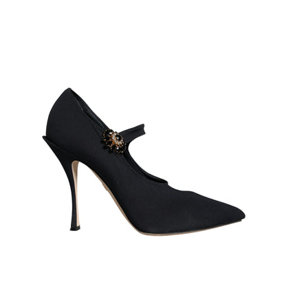 Dolce & Gabbana Black Mary Jane Jersey Crystal Pumps Shoes
