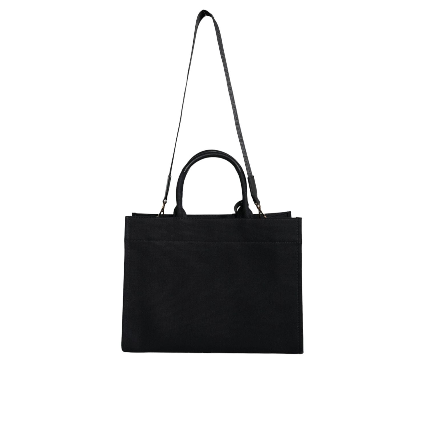 حقيبة كروس بودي من فيرساتشي بمقبض علوي من القماش والجلد باللون الأسود