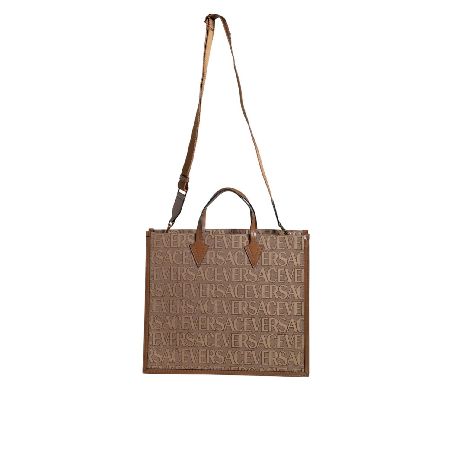 Versace Brown Top Handle Jacquard Leather Logo Crossbody Tote Bag