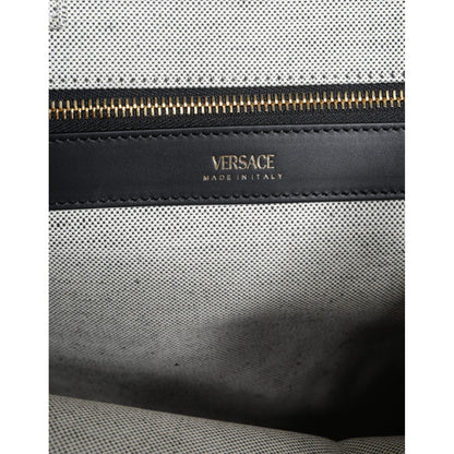 Versace White Top Handle Canvas Leather Logo Crossbody Tote Bag