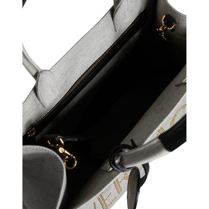 Versace White Top Handle Canvas Leather Logo Crossbody Tote Bag