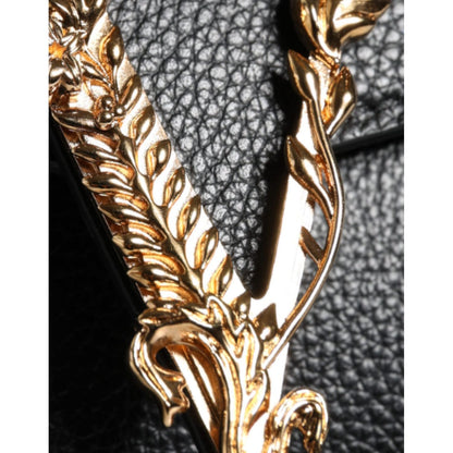 Versace Black Top Handle Grainy Calfskin Leather Crossbody Bag